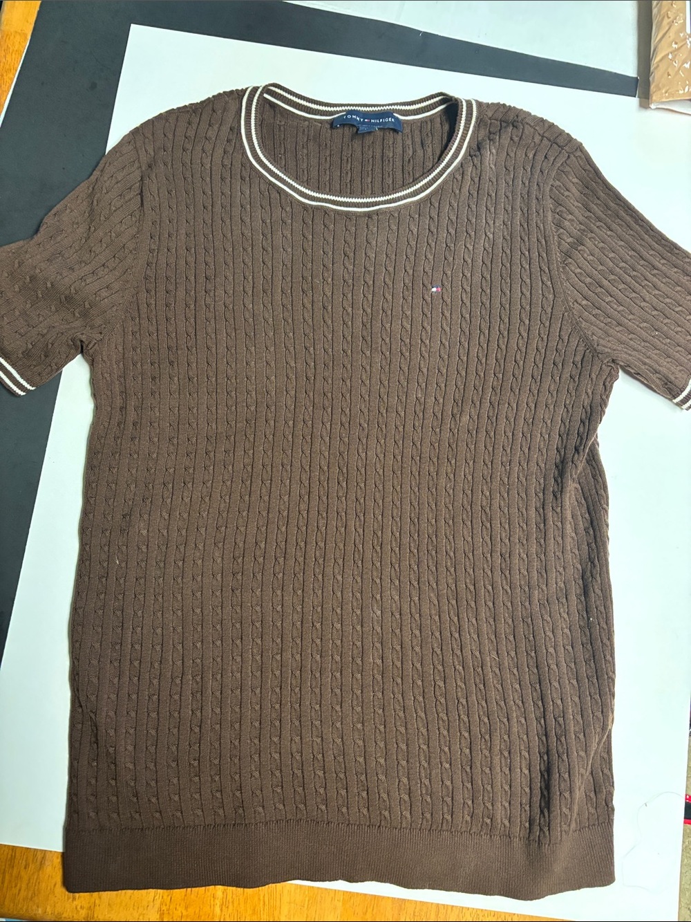 Tommy Hilfiger Brown Cable-Knit Crewneck Sweater with White Trim
